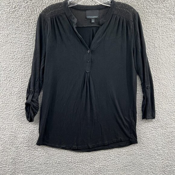 Cynthia Rowley Womens Top Medium Black Long Sleeve Pullover Henley Shirt Stretch - Picture 1 of 10